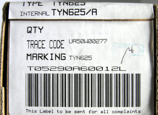 TYN625 TO-220AB STM. SCR Thyristor, 3-Pin. 600V 16A 40mA